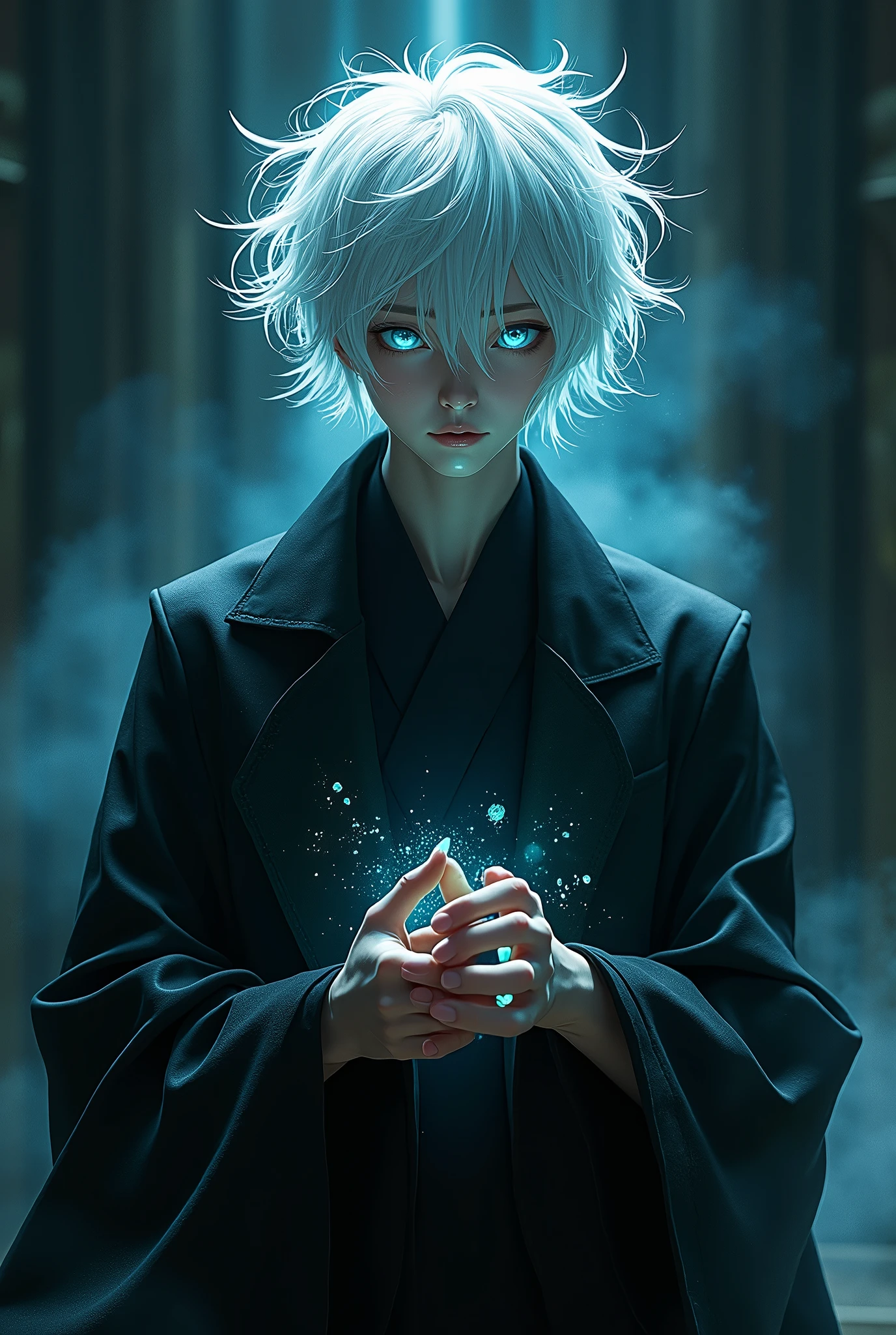 ((High detail、Cinematic lighting))、Messy white hair、Aquamarine eyes、White lashes、god rays、Ray tracing、drop shadow、optical illusion、Haut du corps、Looking at the camera、Masterpiece、((Super Detail、Best Quality、8K))、Jujutsu Kaisen、Gojo Gojo、Black attire、Surgical unfolding、Perfect jet black background、serene look、powerful being、Mystical atmosphere、(Strange moonlight、ominous shadows、 Intense blue aura、 Intense red aura、Symbol of the power that surrounds him、Radiating magical energy、Mystical artifacts、Ether particles、dinamic pose、Epic soundtrack、(((Detailed hand)))、sunglass