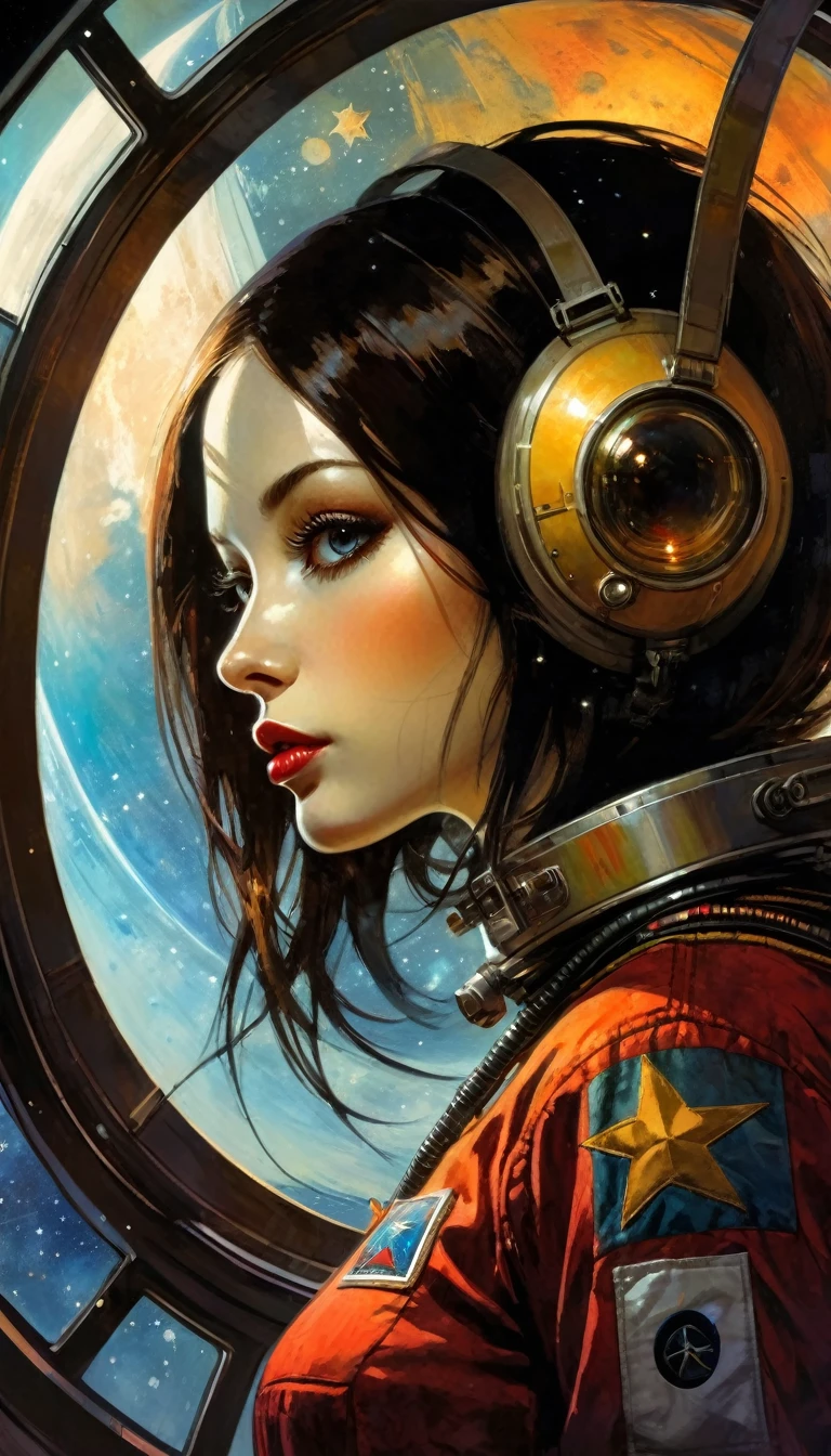 sexy girl, astronaut, dressed as an communist astronaut, in spaceship, bay window with views of planets and stars, (best quality, 4k, 8k, high resolution, masterpiece: 1.2), ultra-detailed, (realistic, photorealistic, photorealistic : 1.37), intricate details, vivid colors, sharp focus, professional, Dave McKean artwork, surreal oil touch, oil painting style, portrait, woman, beautiful detailed eyes, beautiful detailed lips, dreamlike atmosphere, game of shadows, soft lighting, fun pose, dark tones, ethereal background, fantasy elements, texture, layered composition., art inspired by Bill Sienkiewicz and Dave McKean

