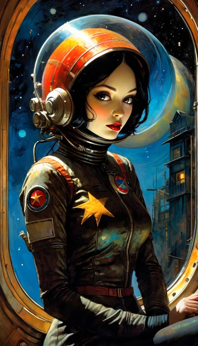 sexy girl, astronaut, dressed as an communist astronaut, in spaceship, bay window with views of planets and stars, (best quality, 4k, 8k, high resolution, masterpiece: 1.2), ultra-detailed, (realistic, photorealistic, photorealistic : 1.37), intricate details, vivid colors, sharp focus, professional, Dave McKean artwork, surreal oil touch, oil painting style, portrait, woman, beautiful detailed eyes, beautiful detailed lips, dreamlike atmosphere, game of shadows, soft lighting, fun pose, dark tones, ethereal background, fantasy elements, texture, layered composition., art inspired by Bill Sienkiewicz and Dave McKean
