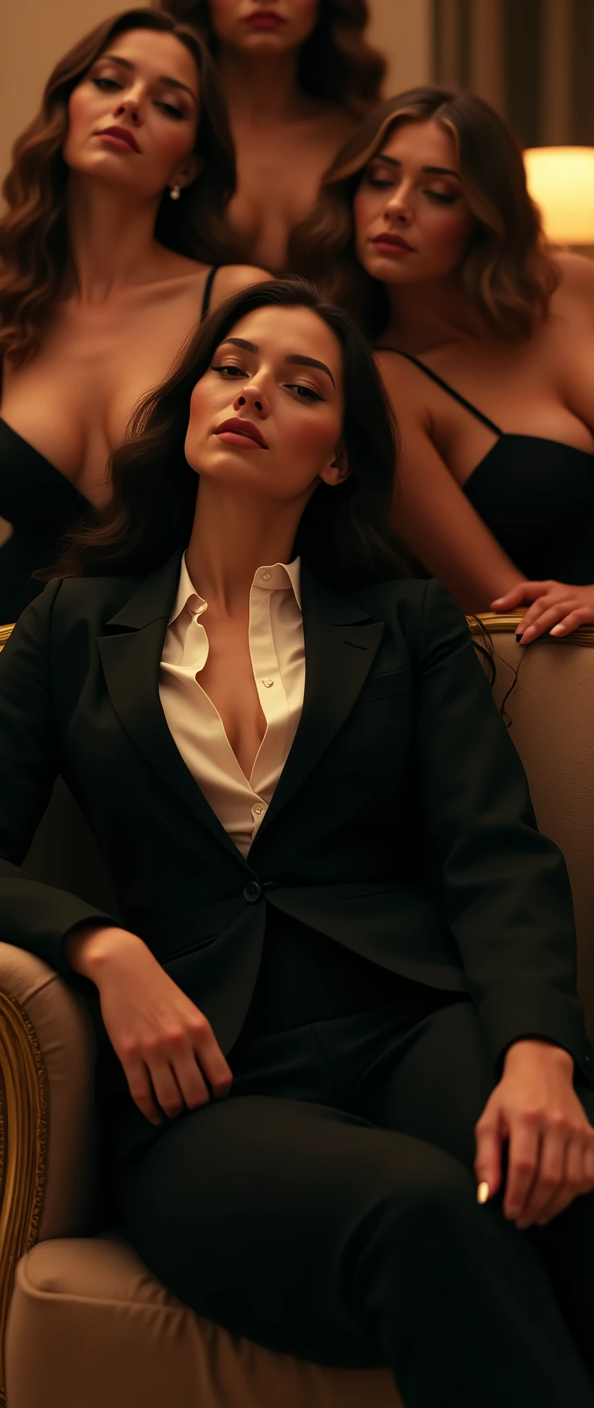 a stylish woman in a sharp black with white suit underneath standing with swagger while laying all ontop of multiple girls laying around her their legs visible in the frame, adding to the opulent atmosphere, fashion,elegant,glamorous posture studio light glowing warm on her face (best quality,4k,8k,highres,masterpiece:1.2),ultra-detailed,(realistic,photorealistic,photo-realistic:1.37),HDR,UHD,studio lighting,ultra-fine painting,sharp focus,physically-based rendering,extreme detail description,professional,vivid colors,bokeh,portrait,high fashion,elegant,glamorous,cinematic,dramatic lighting,moody,mysterious,sensual,sophisticated