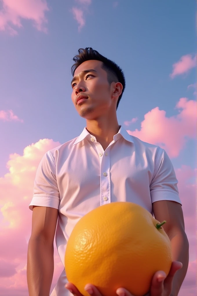 Handsome Thai man short hair wearing white shirt standing in front of grape fruit, blue sky in the morning, purple atmosphere 
