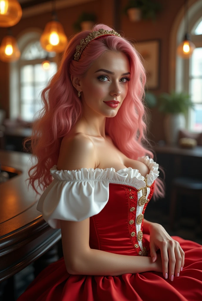 Masterpiece, best quality female, (French),(small breast), (very long curly pink volumetric hair:1.33), (white crinoline inside with red corset outside:1.33), (long red skirt:1.33), flat headband, (detailed beautiful hazel eyes:1.33), detailed blush smiling face, slim body, perfect anatomy, very cute, dynamic pose, showing some leg, perfect shading, dramatic lighting, rendered in 8K resolution for high-quality detail, trending on art station, concept art, smooth, sharp focus, in a saloon, highly detailed, soft natural volumetric, cinematic perfect light, intricate details