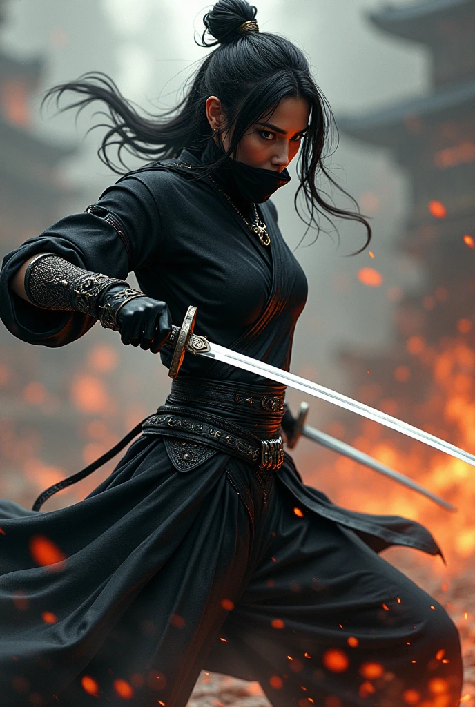 Female Ninja、Black Chainmail、slender、Black Costume、Intense battle scenes、Acrobatic pose、Shining Japan sword