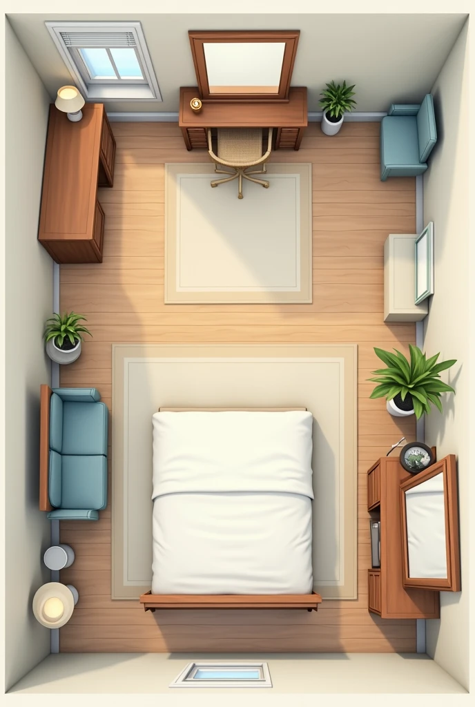 I need to tidy up my room, I have two desks that I don't know where to put them., un vanity personal, a large mirror and a queen size bed how could I arrange it?