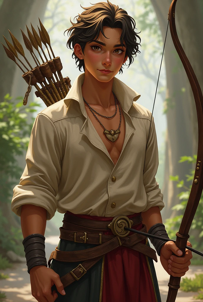 A young adult apprentice archer. Scrawny, Slender and smiling. Charming with a seductive gaze. His clothes fit perfectly to his bow