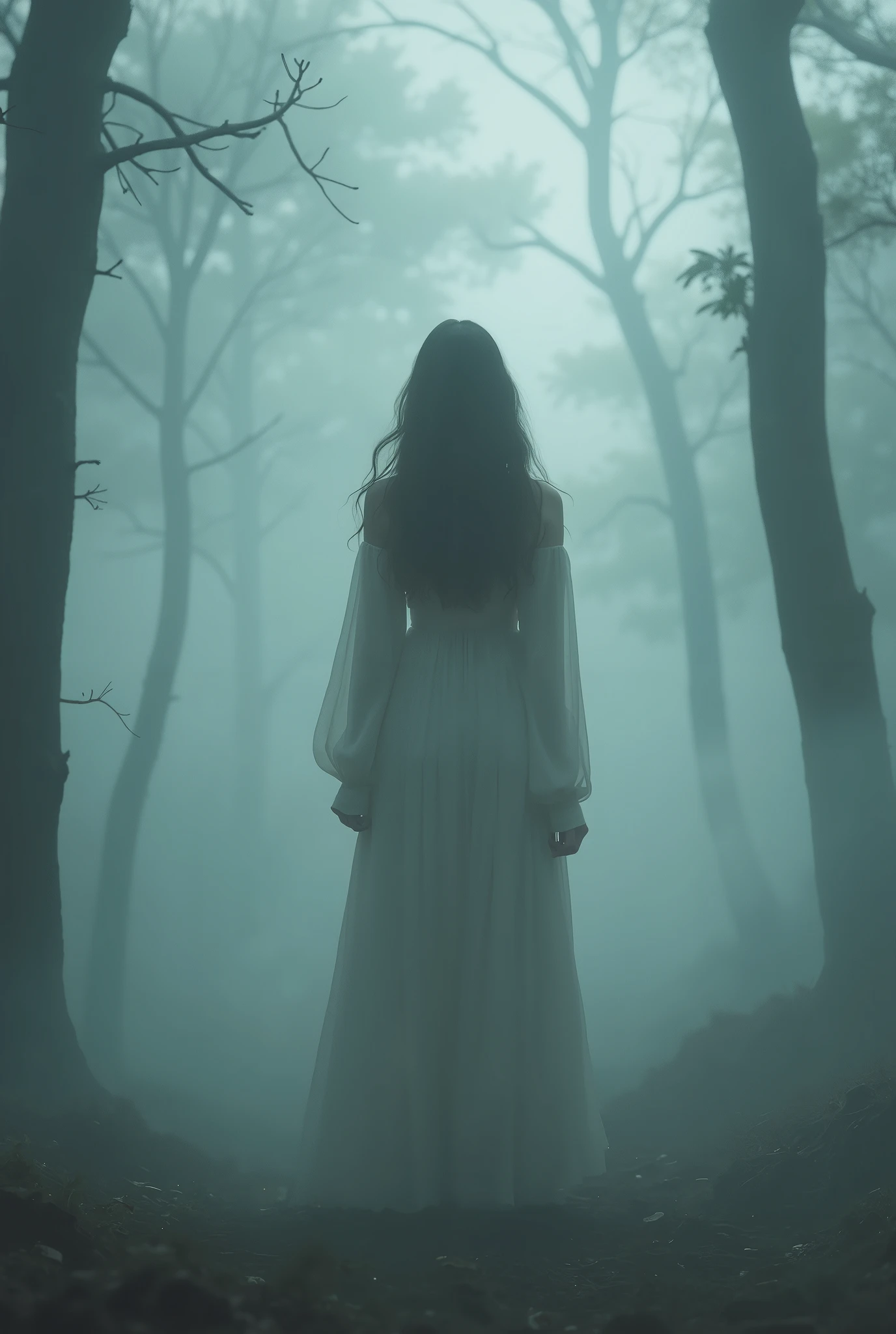 A young Japanese woman stands in the middle of a mystical, misty forest. The atmosphere is dreamy and ethereal, with thick fog enveloping the scene and making her figure vague and eerie. She is wearing a long dress made of thin, fine fabric, with long, wavy brown hair hanging down her back. Soft light that spreads through the thick fog casts a soft glow on her almost invisible face. The background, covered in thick fog, enhances the beauty of the serene, timeless moment. Very real, dramatic, cinematic colors