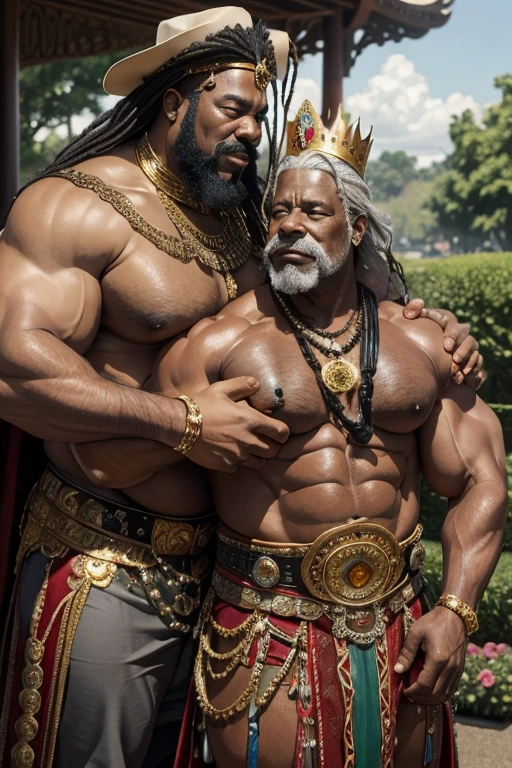 Hyperrealistic image of an African man imperial king steampunk stripper dancer hugging a man with a huge gold crown and jewels on his head., superhero with grey afro hair and very long hair, very old and very sweaty bodybuilder over 80 years old..very muscular and fat, He weighs more than 200 kilos with a naked torso., large and flaccid pectorals, Brown nipples and big grey mustache standing in the middle of a rose garden of an imperial palace and velvet skirt with gold embroidery and jewels 