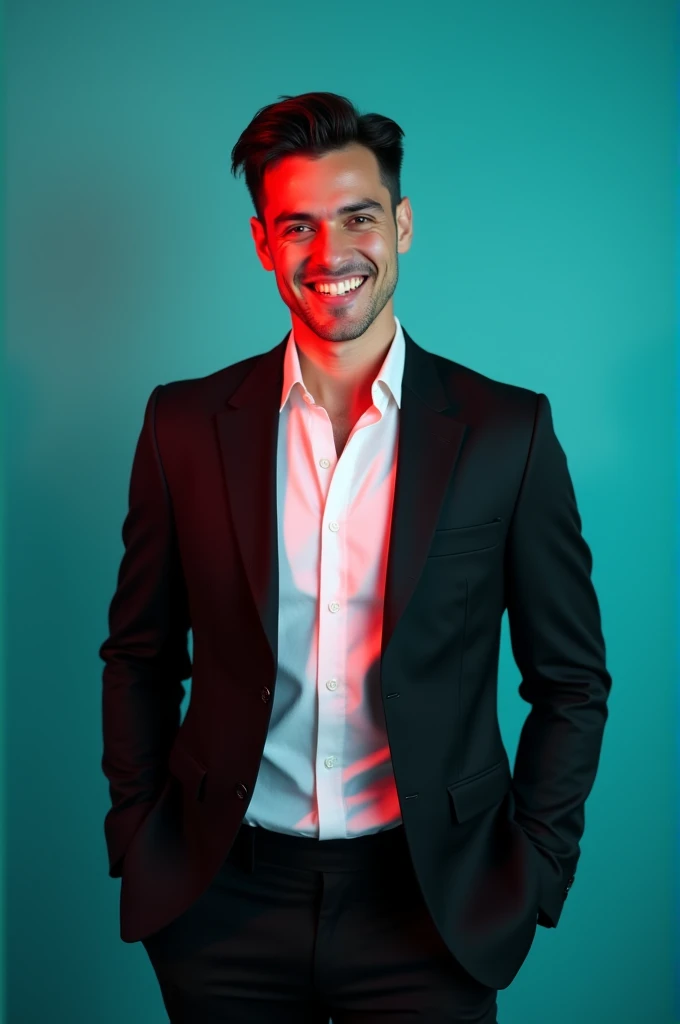 A young Man With Dark hair and a confident smile He is Dressed in a black blazer over a white shirt The man is positioned against aqua colour backdrop with a subtle red lighting on t