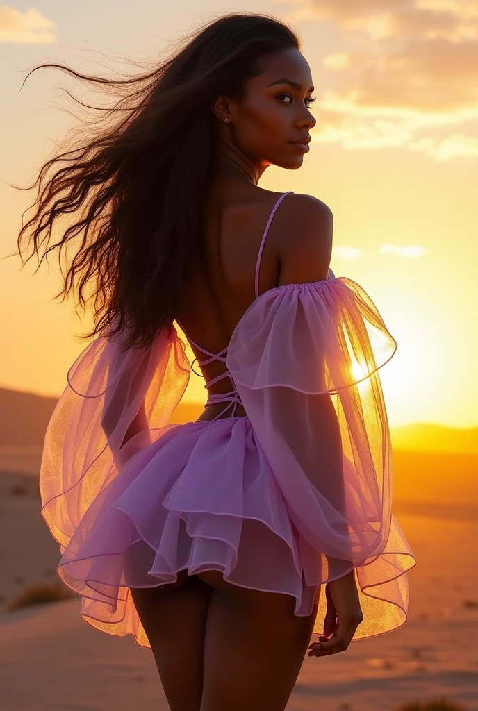 Vue arrière d'une femme adulte africaine, le regard vers nous, La coiffure au vent , une mini-jupe, une mélanine foncée, des tons principalement lilas et jaune doré, avec beaucoup de pièces gonflables transparentes et des manches bouffantes, physique : (butin : hanches : taille : fesses : pied ), (focus : 2), tendance sur DynastySeries, couture cellophane, réalistes