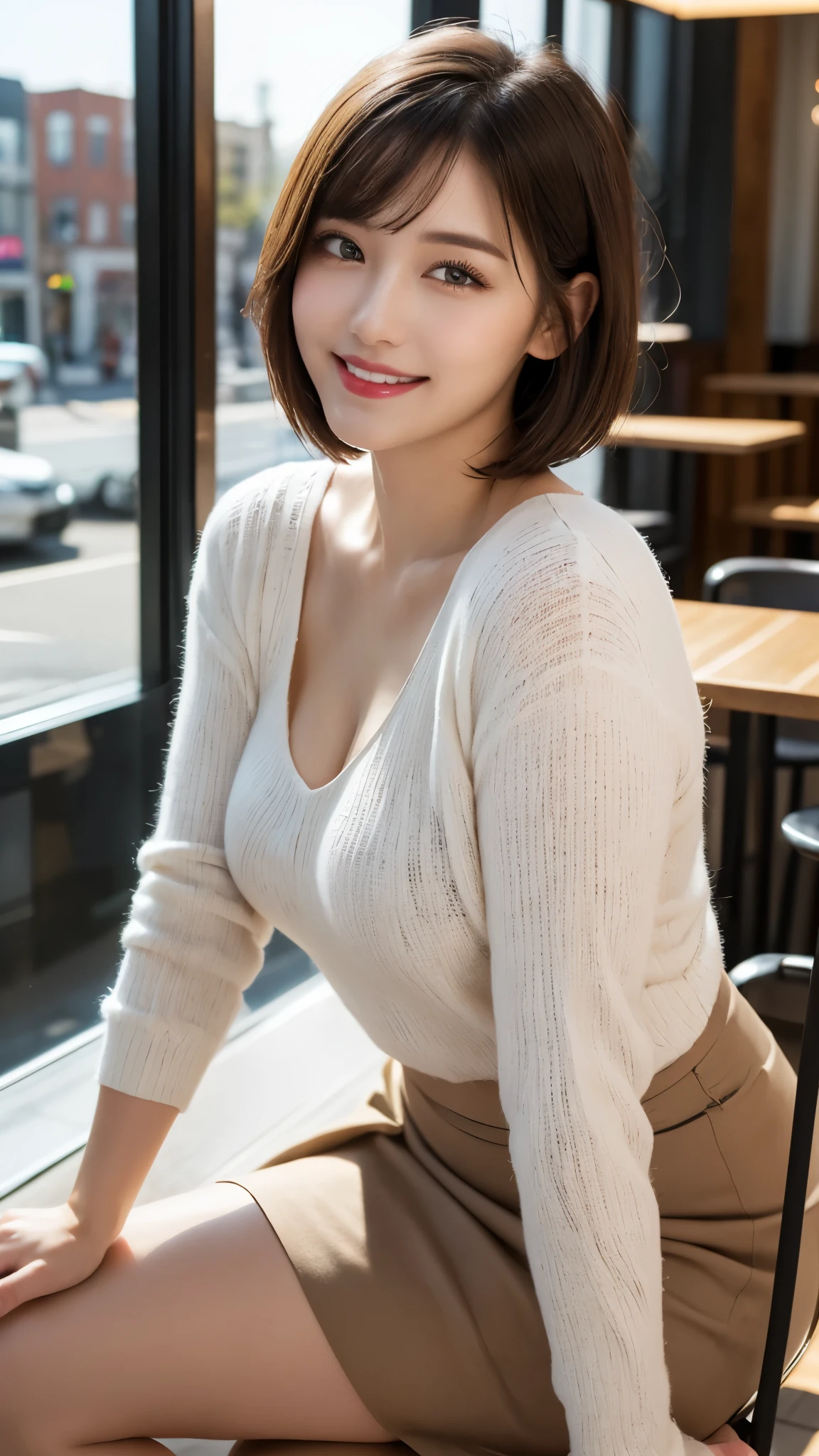 (Photorealistic, 32k, RAW photo, best quality:1.4), (masterpiece:1.3), (ultra high resolution, ultra realistic, highly detailed, golden ratio, ultra detailed), natural makeup, intricate cloth texture, finely detailed hair texture, beautiful full-body view, perfect female form, anatomically accurate, highly detailed face and skin, (elegant hands), (realistic skin), (beautiful pale skin:1.1), (perfectly dynamic composition, engaging the viewer:1.3), wearing a professional office attire, blouse and skirt, smart casual,
BREAK,
realistic eyes, captivating detailed eyes, symmetric eyes, light brown eyes, double eyelids, thin eyebrows, (glossy lips:1.4), ((kissable expression, seductive smile:1.2)), (blush:1.3),
BREAK,
((short bob cut, dark blonde hair, bangs:1.2)), (Daytime, sitting by a window in a cafe downtown:1.3),