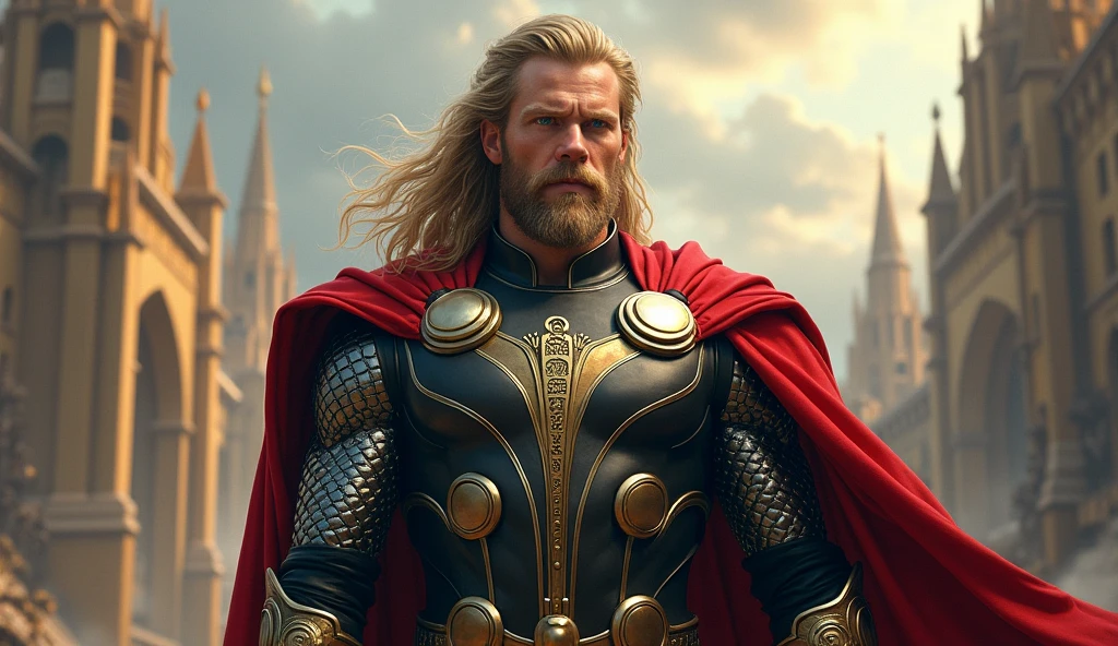 1850's Marvel Avengers character, thor, realistic, realistic character, vintage, vintage character, vintage background, male, asgard in background