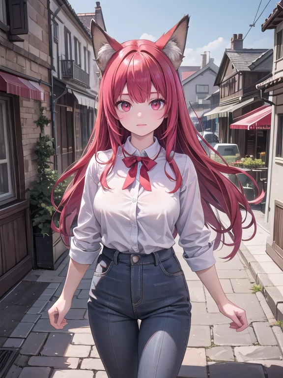 a beautiful girl with red hair, fox ears, light red eyes, wearing a medieval white shirt and gray trousers, standing on a village street, best quality , detailed body and face,long eyelashes, vibrant colorst,village,street,buildings,cobblestone,fantasy, realistic light,