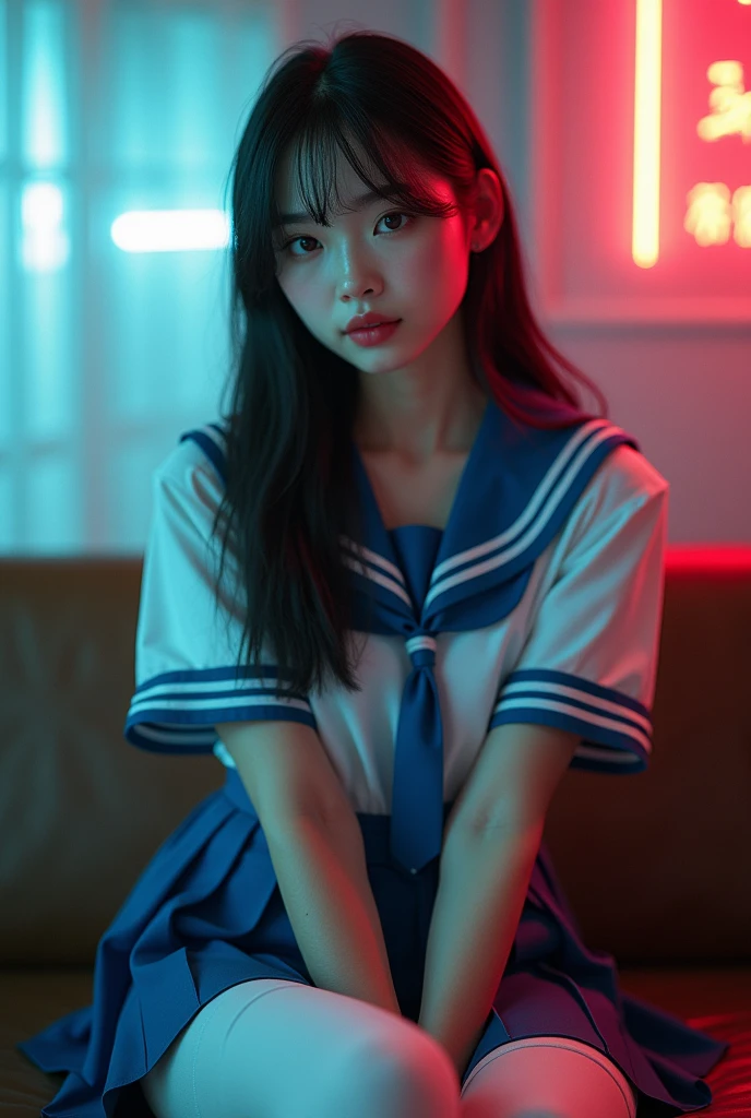 ultra RealiStic 8k cg, picture-Perfection face, perfection, clean, maSterpiece, ProfeSSional artwork, FamouS workS of art, Perfection face, Beautiful Face, beautiful eye, ((perfection female body)), alone,(ImmerSive atmoSphere, ChiaroScuro:1.5,Bright light:1.2,Bright lighting)
,,(bluSh:0.5),Captivating look,Very detailed_eye,Thick thighS,Large BreaStS,
Beautifully detailed backgroundS,Written boundary depth,RealiStic:1.3, Long Shot,one perSon'S,Shirt,Pleated Skirt, School uniform, Sitting, whole body,
(Zhou Haoguang:1.3),(Structure of the film:1.3),(Neon Light:0.1),(High reSolution:0.1),Accent lighting, White PantyhoSe,