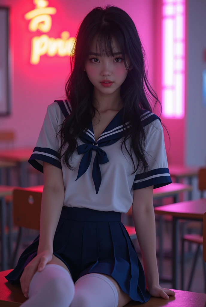 ultra RealiStic 8k cg, picture-Perfection face, perfection, clean, maSterpiece, ProfeSSional artwork, FamouS workS of art, Perfection face, Beautiful Face, beautiful eye, ((perfection female body)), alone,(ImmerSive atmoSphere, ChiaroScuro:1.5,Bright light:1.2,Bright lighting)
,,(bluSh:0.5),Captivating look,Very detailed_eye,Thick thighS,Large BreaStS,
Beautifully detailed backgroundS,Written boundary depth,RealiStic:1.3, Long Shot,one perSon&#39;S,Shirt,Pleated Skirt, School uniform, Sitting, whole body, 
(Zhou Haoguang:1.3),(Structure of the film:1.3),(Neon Light:0.1),(High reSolution:0.1),Accent lighting, White PantyhoSe,   