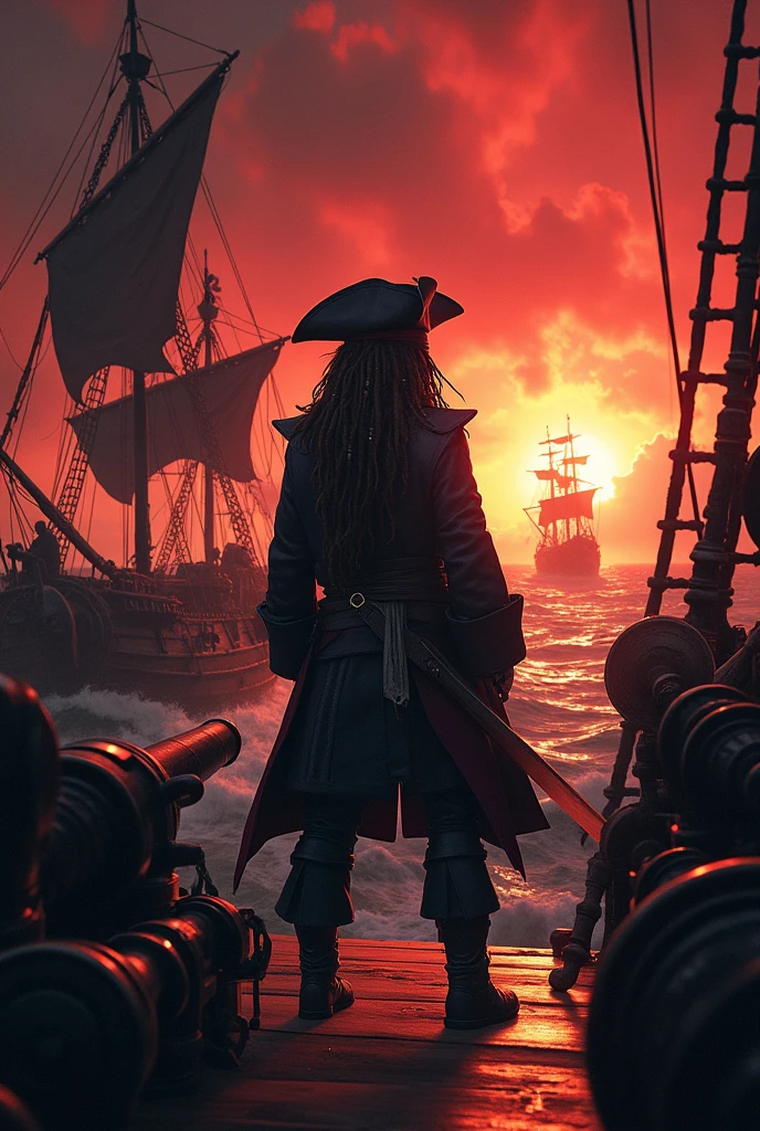 Create a vivid description of Jack Sparrow leading his crew on the Black Pearl in a fierce naval battle against a rival pirate ship under a blood-red sky.