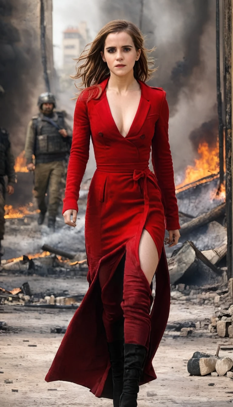 (Emma Watson) red slit sexy dress, viking amour, visible thighs, long hair, big breast:1.6, walking in a city destroyed by war, collapsed buildings, fire, dust, smoke, cloudy (Palestine flag)