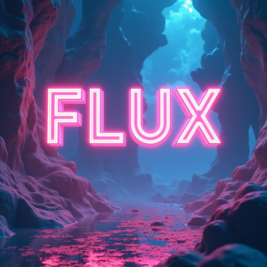 Poster font,The word "FLUX" floats in the air,uppercase letter,Surreal scene,front,Luminescence