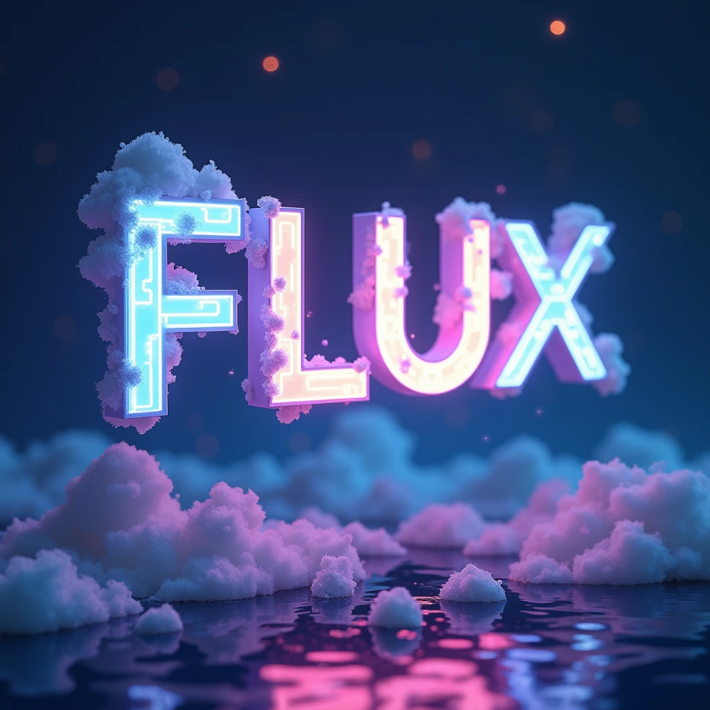 Poster font,The word "FLUX" floats in the air,uppercase letter,Surreal scene,front,Luminescence