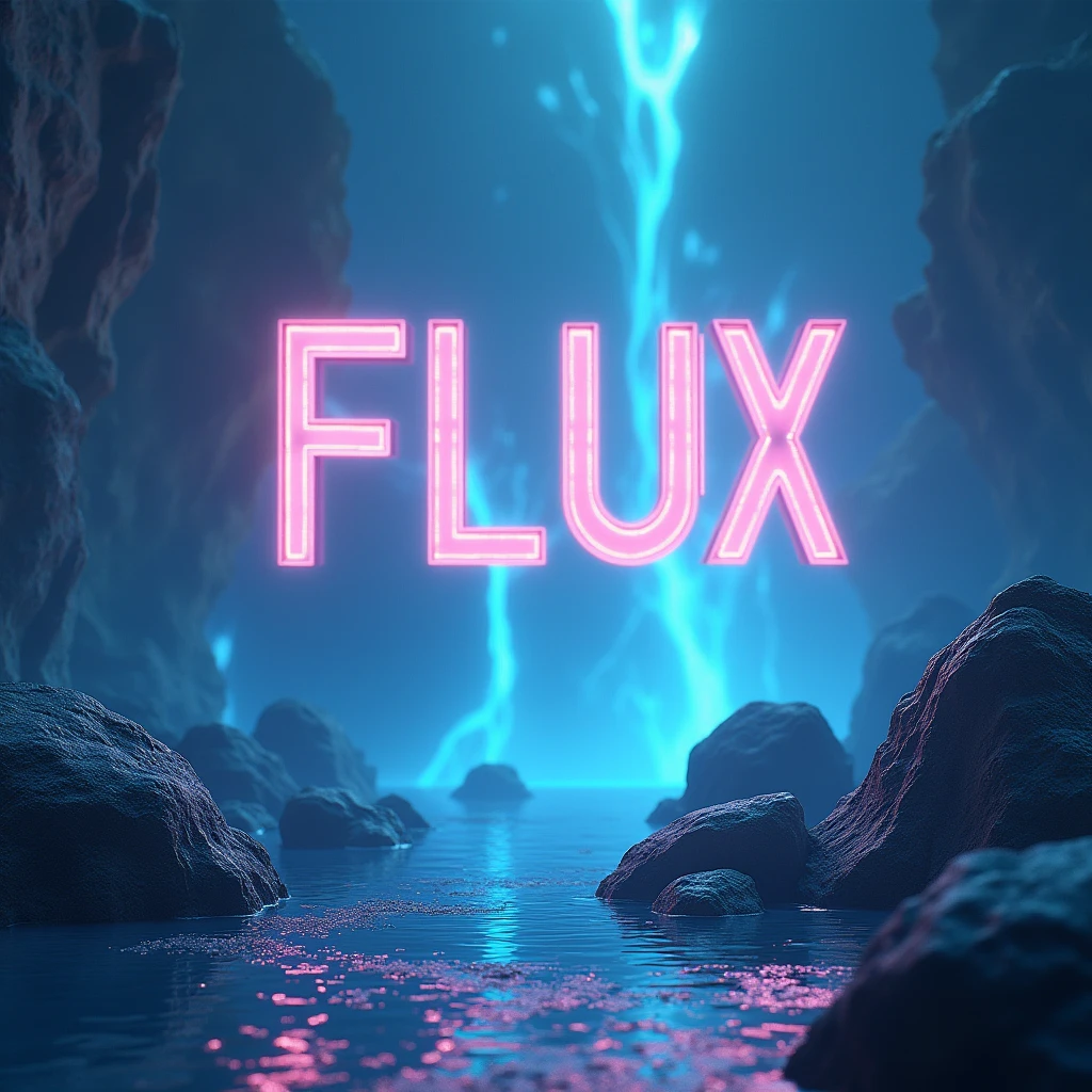 Poster font，The word &quot;FLUX&quot; floats in the air，uppercase letter，Surreal scene，front，Luminescence