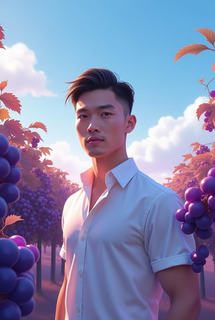 Handsome Thai man short hair wearing white shirt standing in front of grape garden, blue sky in the morning, purple atmosphere 