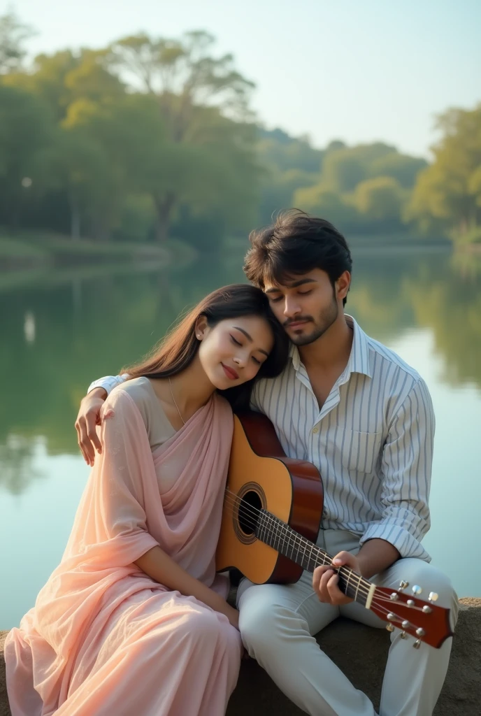 (Photo of backside) A man and woman sitting next to a lake, man playing guitar, woman wearing baby pink georgette printed shari, woman's head on man's shoulder, man wearing a white shirt with thin horizontal blue stripe