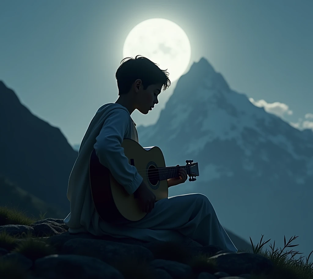 Silhouette of a boy playing guitar sitting with his back to a mountain watching the moon, and Jesus beside him hugging him.