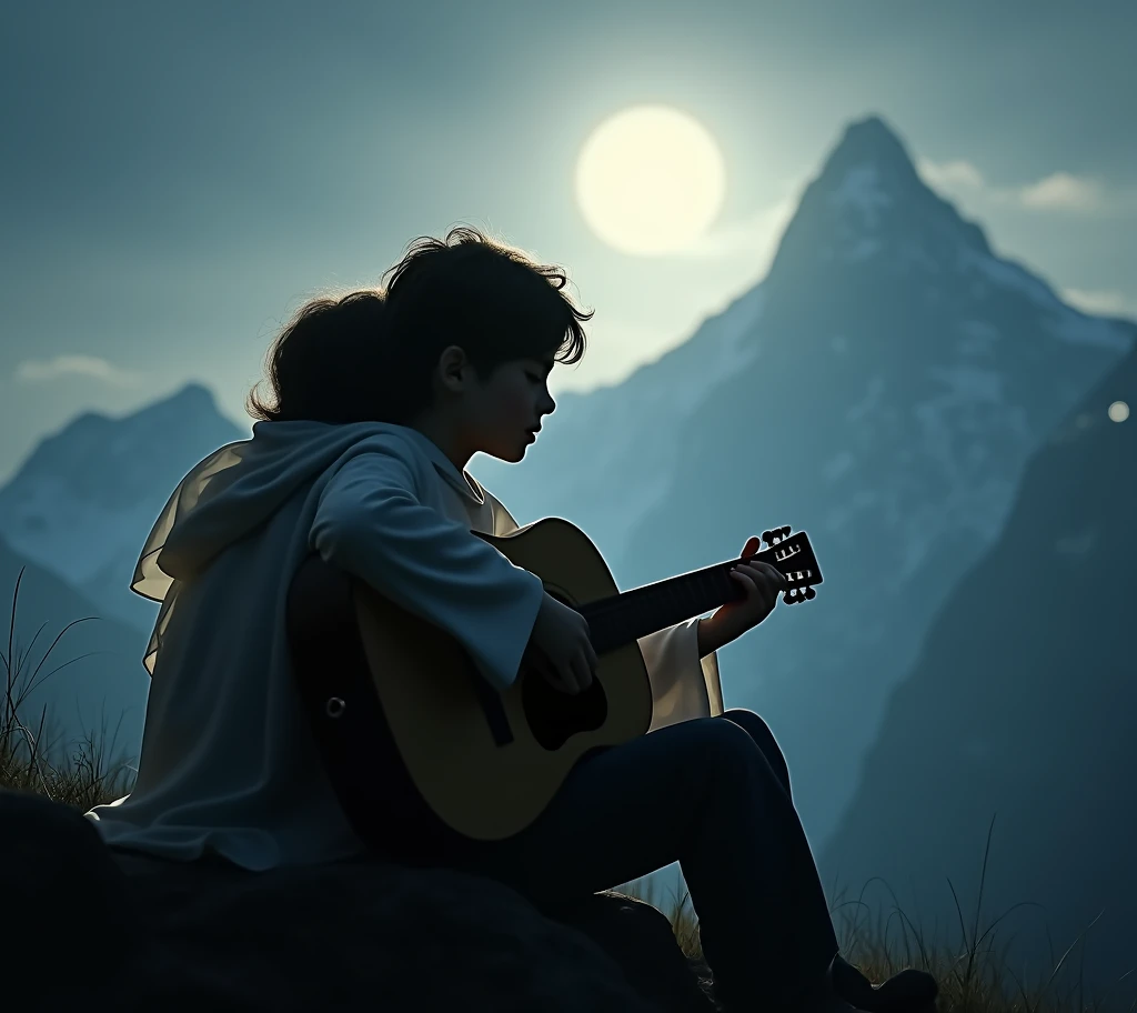 Silhouette of a boy playing guitar sitting with his back to a mountain watching the moon, and Jesus beside him hugging him.