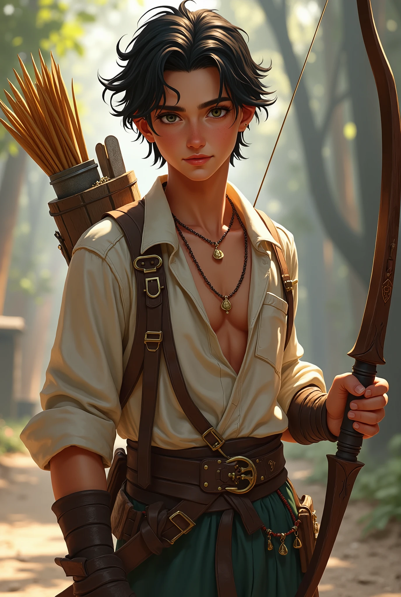 A young adult apprentice archer. Scrawny, Slender and smiling. Charming with a seductive gaze. His clothes fit perfectly to his bow