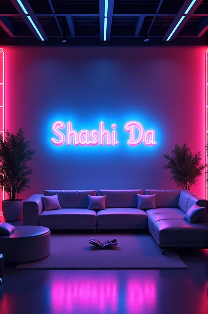 Create a YouTube studio background with a modern and sleek design. In the center of the background, display the name 'Shashi Da` in bright neon lights with correct spelling. The neon lights should be in a vibrant color, such as electric blue or neon pink. Surround the neon text with subtle, complementary lighting and decor that enhances the studio aesthetic. The overall ambiance should be stylish, professional, and inviting, perfect for a YouTube content creator's studio .