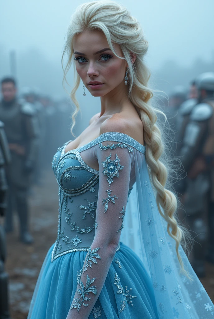 Elsa-Cinderella Fusion, Mesclando modelos, melting, Roupas da Cinderella, 1girl, Beautiful, character, Woman, female, (master part:1.2), (melhor qualidade:1.2), (sozinho:1.2), ((pose de luta)), ((campo de batalha)), cinemactic, olhos perfeitos, pele perfeita, perfect lighting, sorrir, luz, cor, pele texturizada, detalhe, Beleza, maravilha, ultra-detalhado, rosto perfeito, seductive, flirting, (lace lingerie, translucent), (lacy stockings), full body, focus on legs, perfect hands, slutty makeup, hot princess