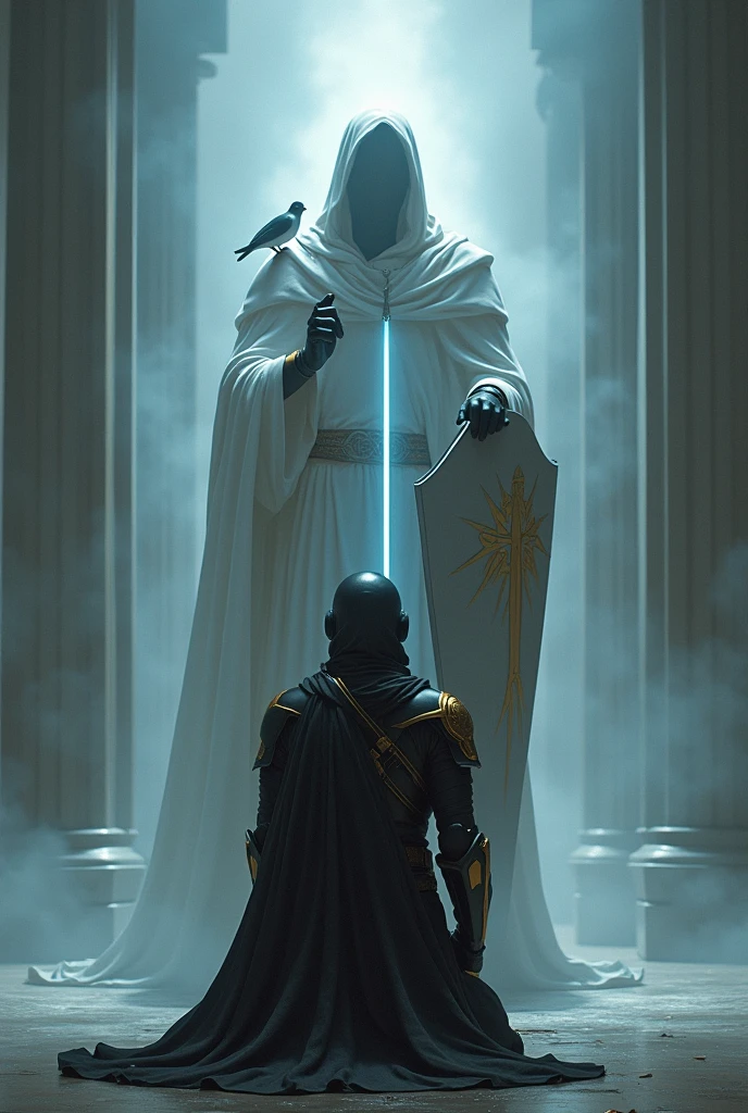 A soldier with a black body armor,with golden edge on the armor, who kneels before Christ who have a sword and Shield have a dove in his shoulder in despite a blue light in his sword,has a golden shield, christ has no face, christ stands at the back of the solder