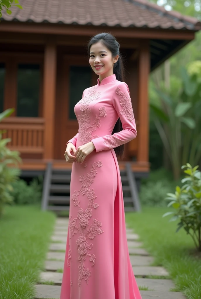 Women , average 20 year old . Wear baju kurung.malaysia traditional dress women. Baju kurung Kedah . Wood house green background. Ponytail hairstyles. Malaysia girl. Pink dress. Long skirt pink. Kebaya pink. 