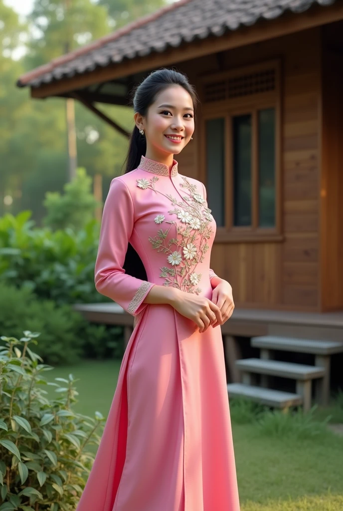 Women , average 20 year old . Wear baju kurung.malaysia traditional dress women. Baju kurung Kedah . Wood house green background. Ponytail hairstyles. Malaysia girl. Pink dress. Long skirt pink. Kebaya pink.