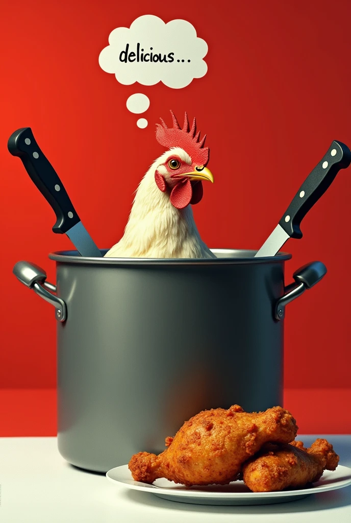 A red and white background, a pot with a fire underneath and a live chicken inside the pot, a crossed two knifes on the top, a fried chicken on aside, the chiken in the pot looking at the fried chicken write "Delicious ..." as a thought on the top of the chicken head