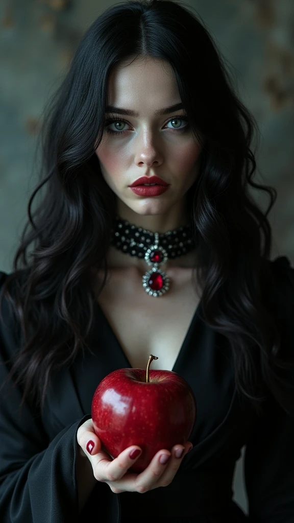 Gorgeous young adult russian woman. Her skin is white as snow, she has long black hair. Her face does not reflect any expression, but she does through her beautiful and mysterious big grey eyes. She is the queen of witches. She wears a platinum choker with a ruby. She is very evil. She is in an enigmatic and very dark atmosphere. She looks at the viewer and, raising her left hand, offers a large poisoned red apple.