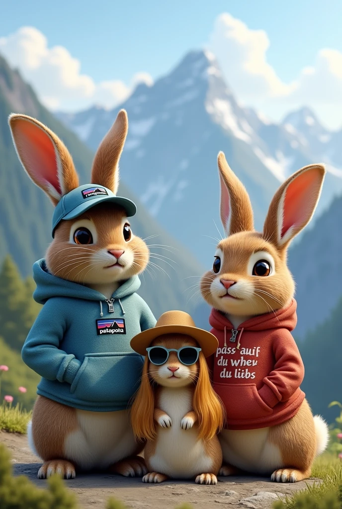 4 rabbits on a mountain in Berchtesgaden:
The First , men rabbit is wearing a Patagonia cap and is the biggest and Brown
The second men rabbit is the second biggest with a hoodie where is the text "pass auf wen du liebs" in it and also brown But bit lighter
The Third is a Woman rabbit, little Bit smaller than the second one and is wearing sunglasses and is blond with blond Long Hair
the fourth Woman rabbit is the smallest an is wearing a sun hat and and has red Long hair