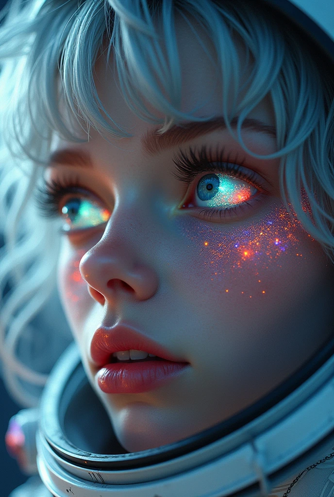 (Close-up of a better masterpiece:1.5)0.9], (Space and astronauts:1.2) (Messy silver hair:1.1) (Heterochromia xanthochromia and blue eyes:1.2) (Space Helmet:1.0) (Colored stars in the eyes:1.0) (A radiant glow:1.1) (thick lips:0.9) so muda a mae 