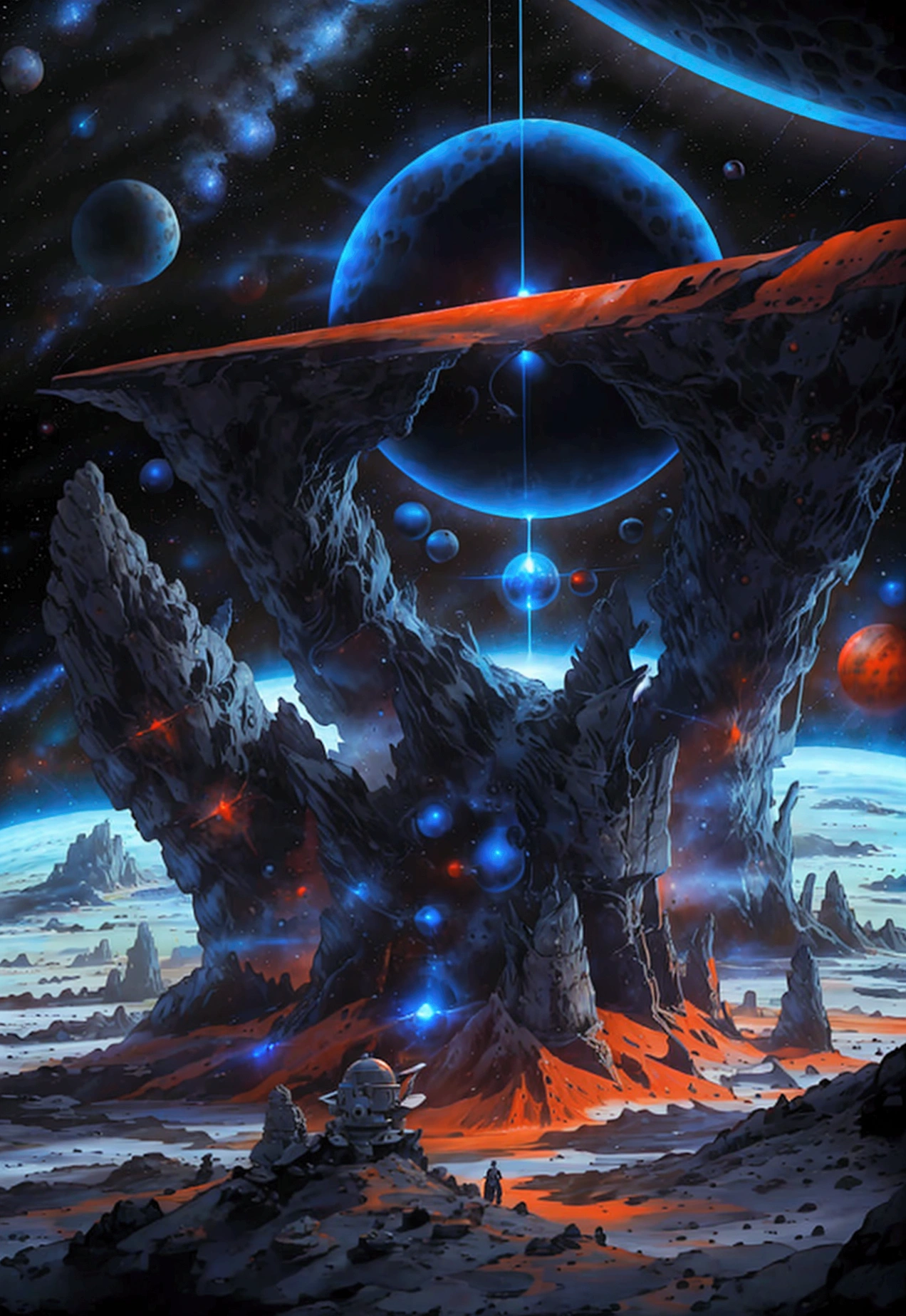 Realistic backdrop, navy blue, orange, adventure, vast space, different dimension sky, technology land, space war.