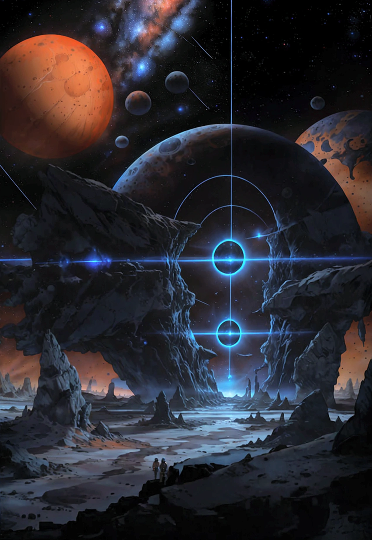 Realistic backdrop, navy blue, orange, adventure, vast space, different dimension sky, technology land, space war.