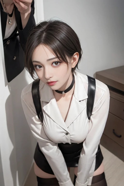 Woman walking in office hall, on a spoonful of alcohol, white walls, Gray table, posters on the wall,
(((masutepiece))), ((Best Quality)), ((intricate-detail)), ((hyper realisitic)), absurd res, A MILF, Small face、27-year-old woman, Perspective, Highly detailed, Illustration, 1girl in,(Big breasts), Perfect hands, Detailed fingers, Beautiful detailed eyes, Short hair, Brown eyes, vd, (business outfit:1.2), Blazer and slender lapel dress are the same color, Black leather tight skirt, Black Choker, earrings, Stockings, Detailed background, Bedroom, Perfect eyes, Seductive eyes, Looking at the viewer, from the front side、Angle from above、all-fours、1boy, penises、Falachio、,  Woman sucking panis to the root、Angle from above