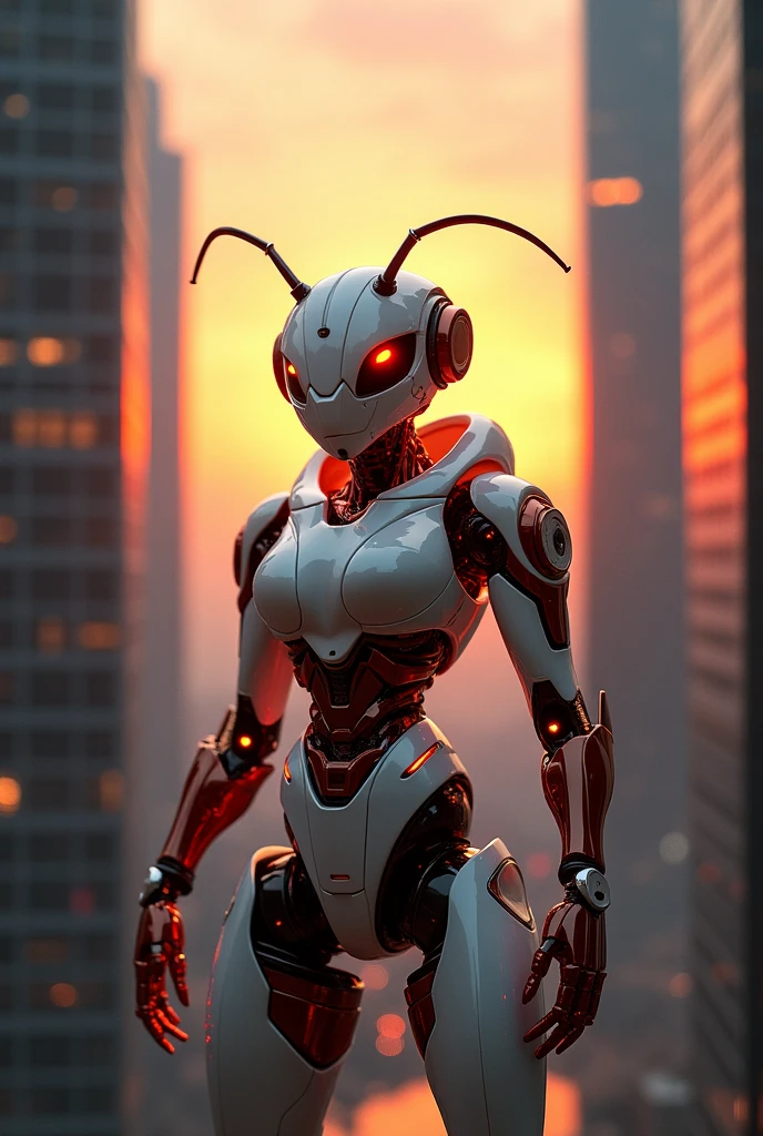 Fire ant in white glossy cyborg costume standing between sky scrapers at sunset
