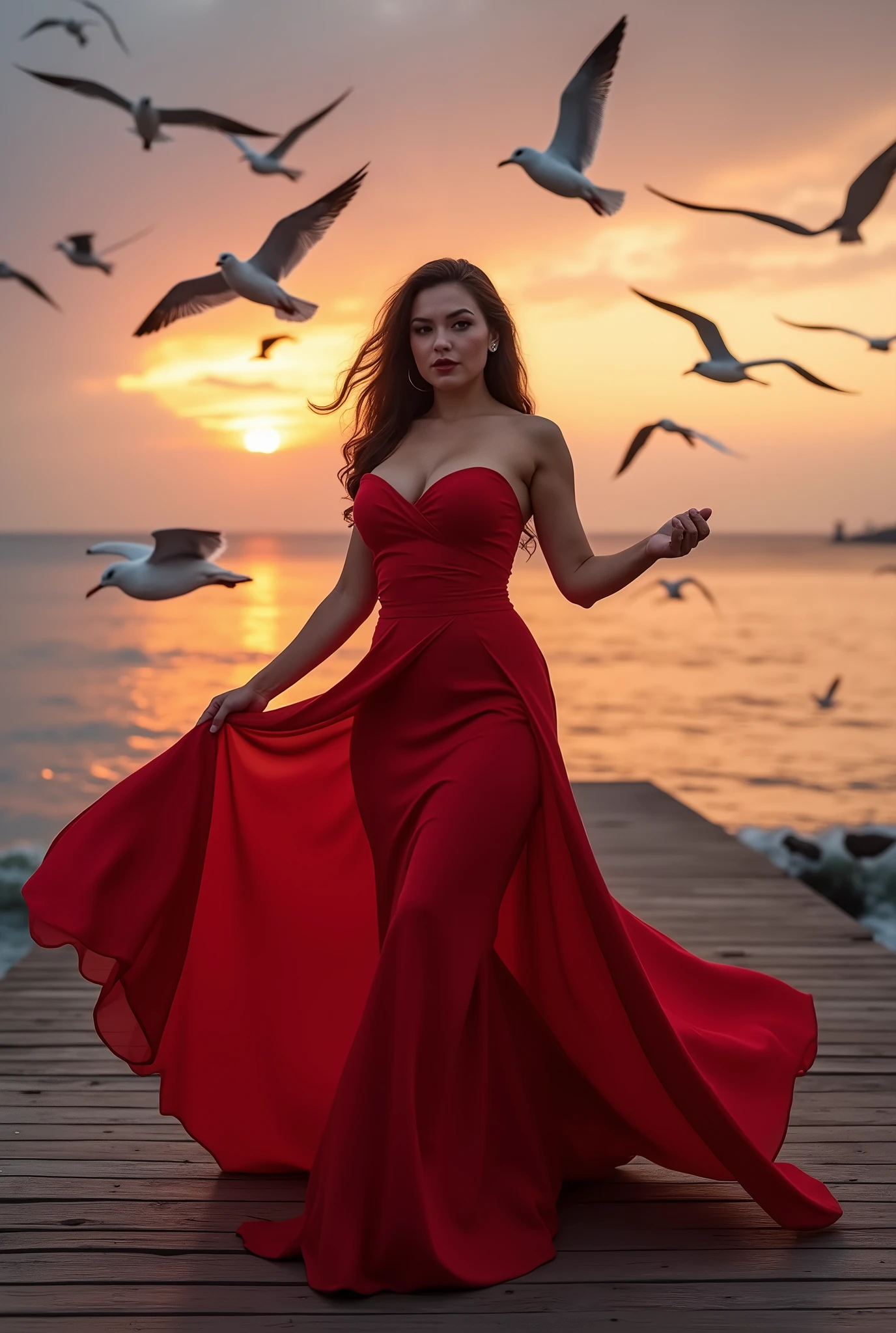 A woman poses for a photo shoot, wearing a red dress with a long tail, big breasts, dynamic movements, her hands making a gesture like pointing. on a wooden pier by the sea at dusk, with a calm sea and a warm sunset in the background. Creating a beautiful color gradation. There are many seagulls flying in the sky, their silhouettes are illuminated by the soft sunset, very realistic cinematic colors, cinematic lighting