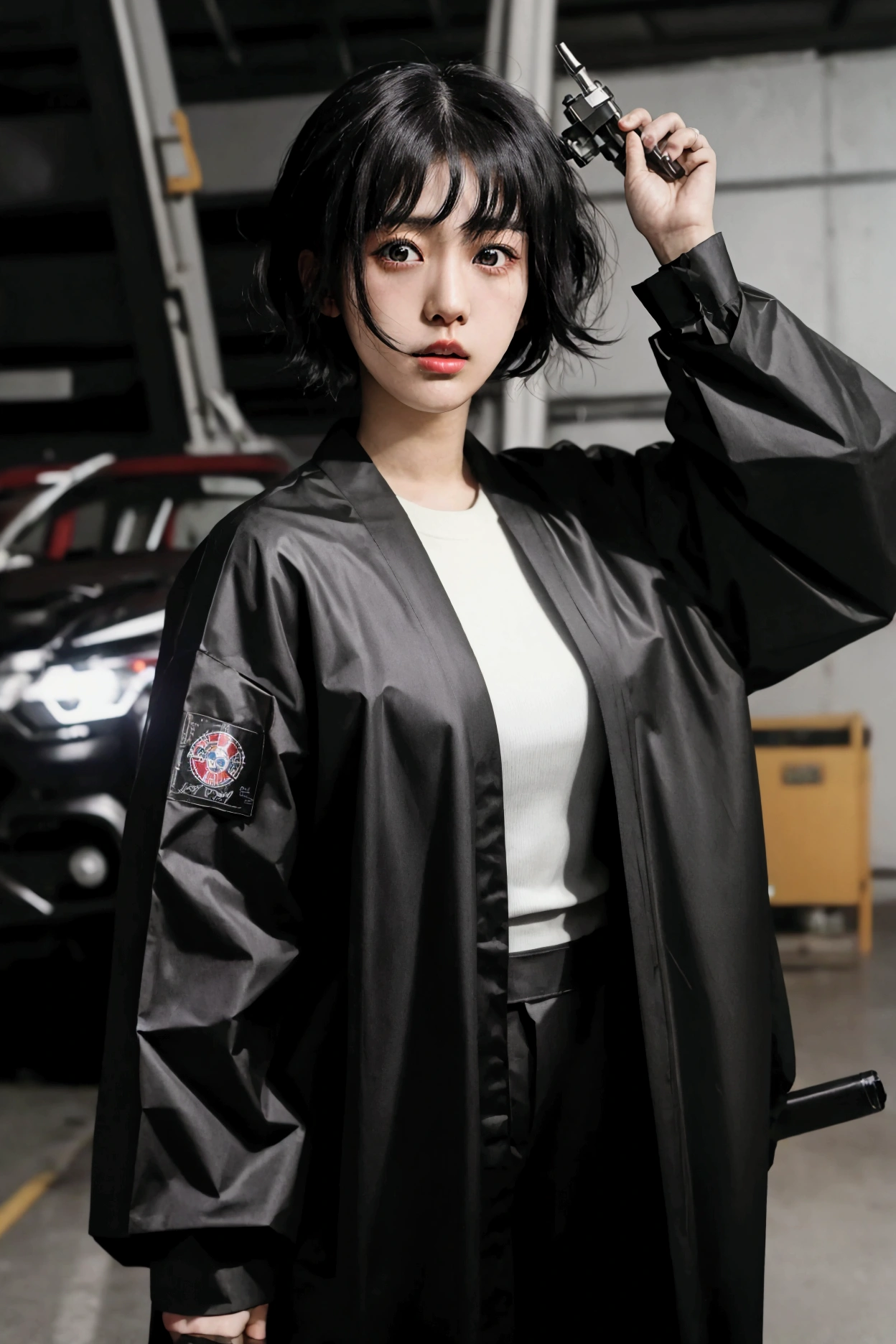 realistic japanese girl wearing mechanic suits, black short haired
