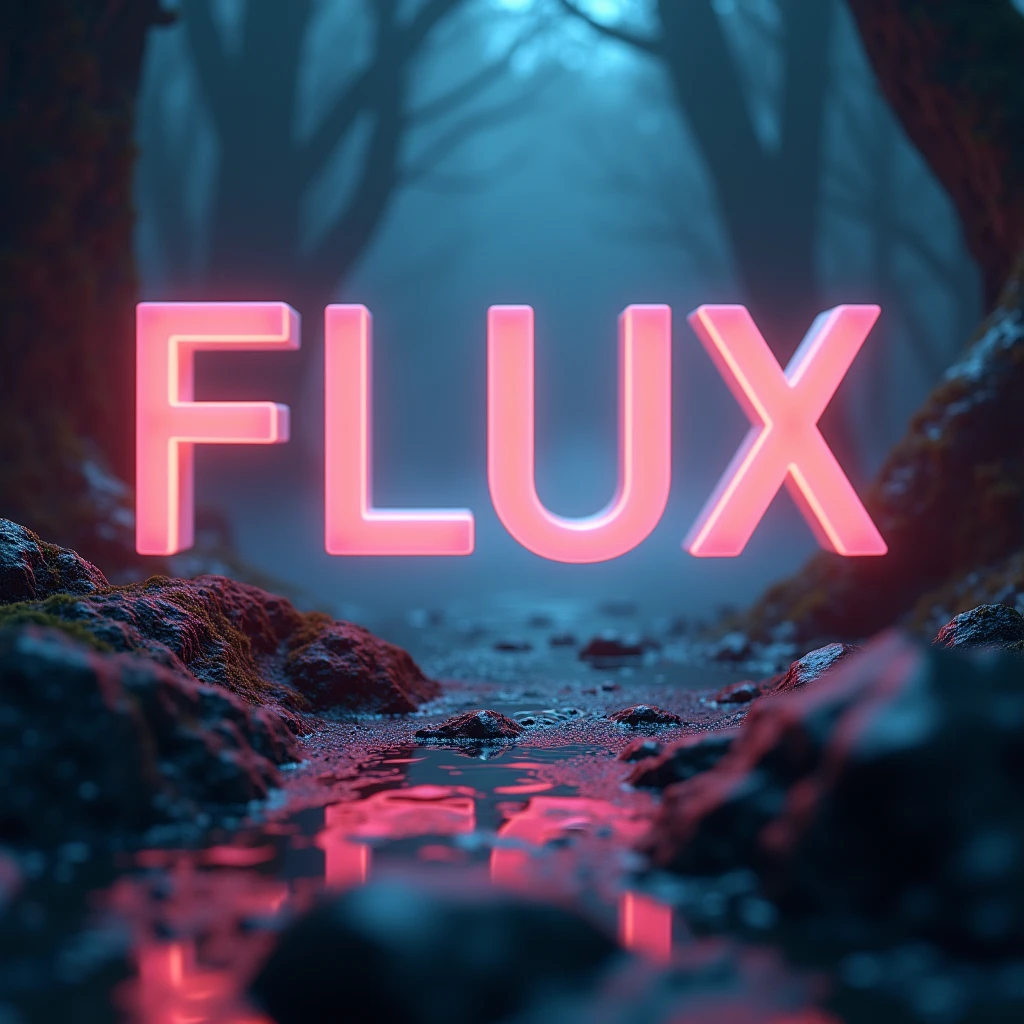 Poster font,The word "FLUX" floats in the air,uppercase letter,Glowing surreal scene,front