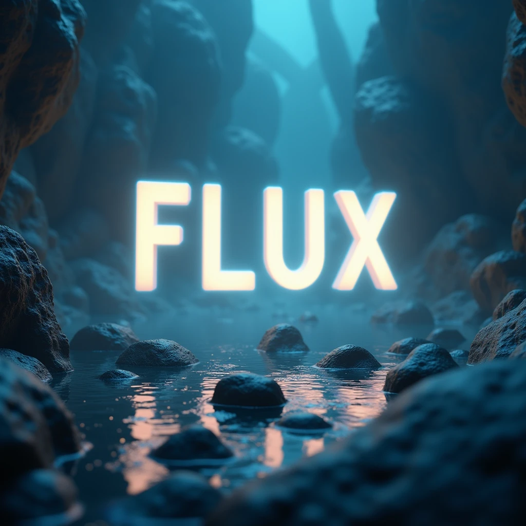 Poster font,The word "FLUX" floats in the air,uppercase letter,Glowing surreal scene,front