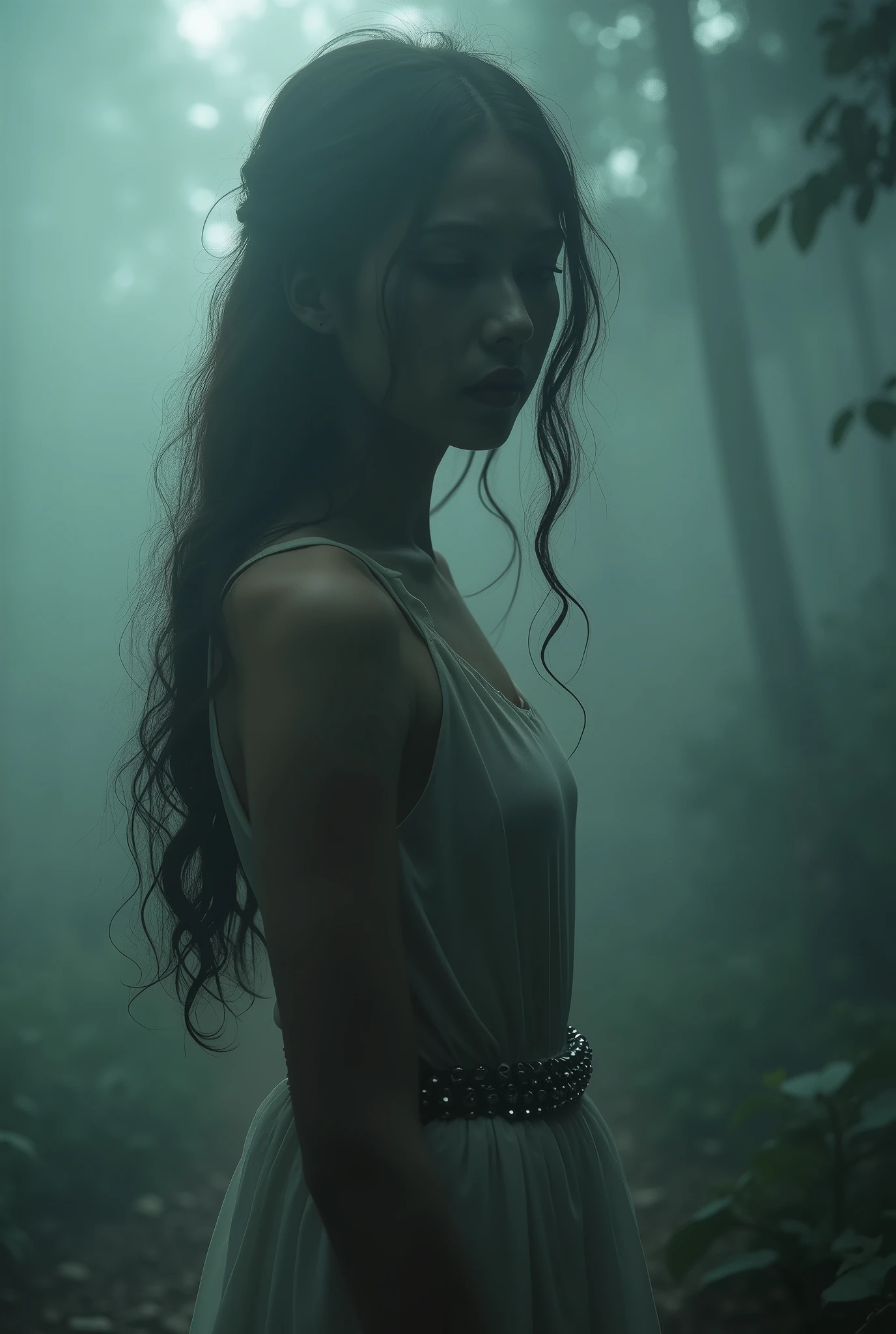 A young Thai woman stands in the middle of a mystical misty forest. closeup, very closeup, Her lips are black, The atmosphere is dreamy and ethereal, with thick fog enveloping the scene and making her figure vague and eerie. She is wearing a long dress made of thin and fine fabric, with long wavy brown hair hanging down her back. The soft light that spreads through the thick fog casts a soft glow on her almost invisible face. The background covered in thick fog, enhances the beauty of the quiet and timeless moment. The colors are very real, dramatic and cinematic