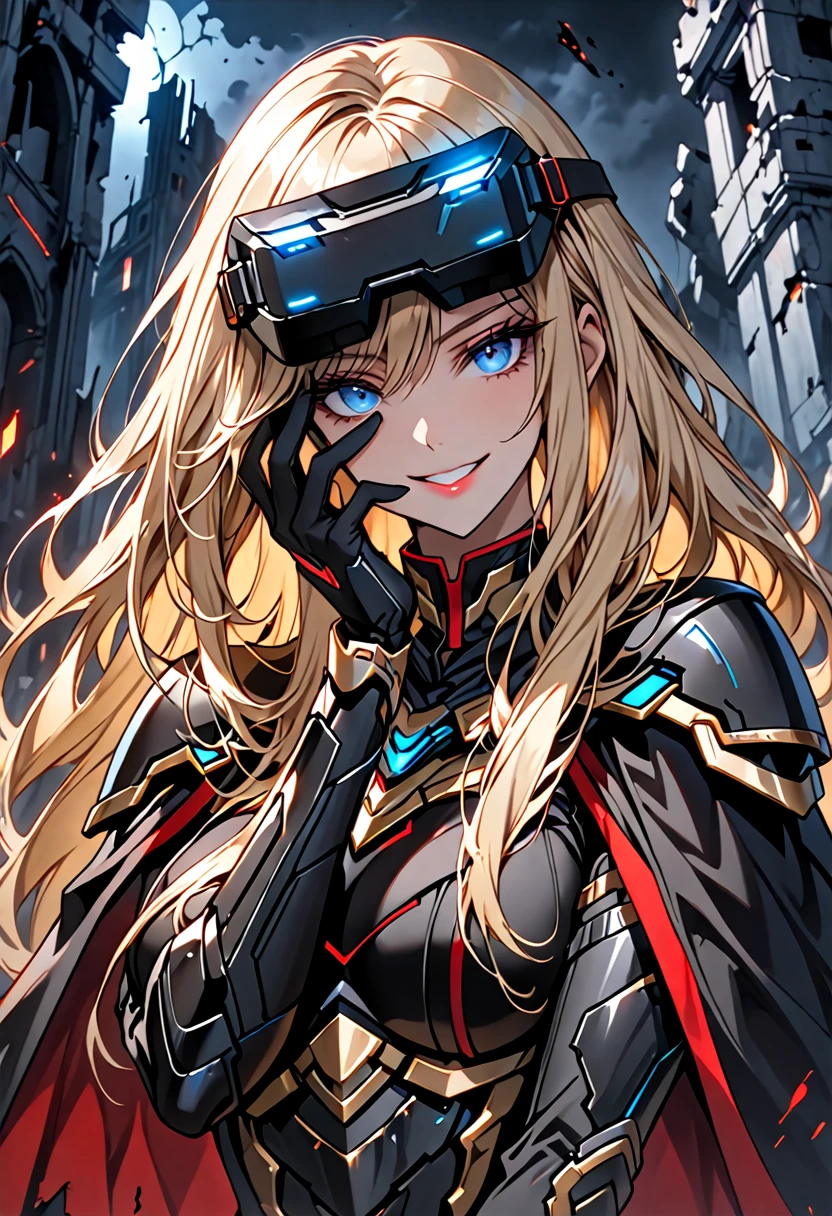 solo, female, sfw, medium shot, huge woman, extremely tall woman, blue eyes, blonde, long hair, black uniform, ((black armor)), black cape, gold trim, red trim, muscular, ruins, smile, military cap, one hand on face, yandere pose, baggy breeches, broad shoulders, night, close up, looking at viewer, futuristic, head-mounted display, display covering eyes