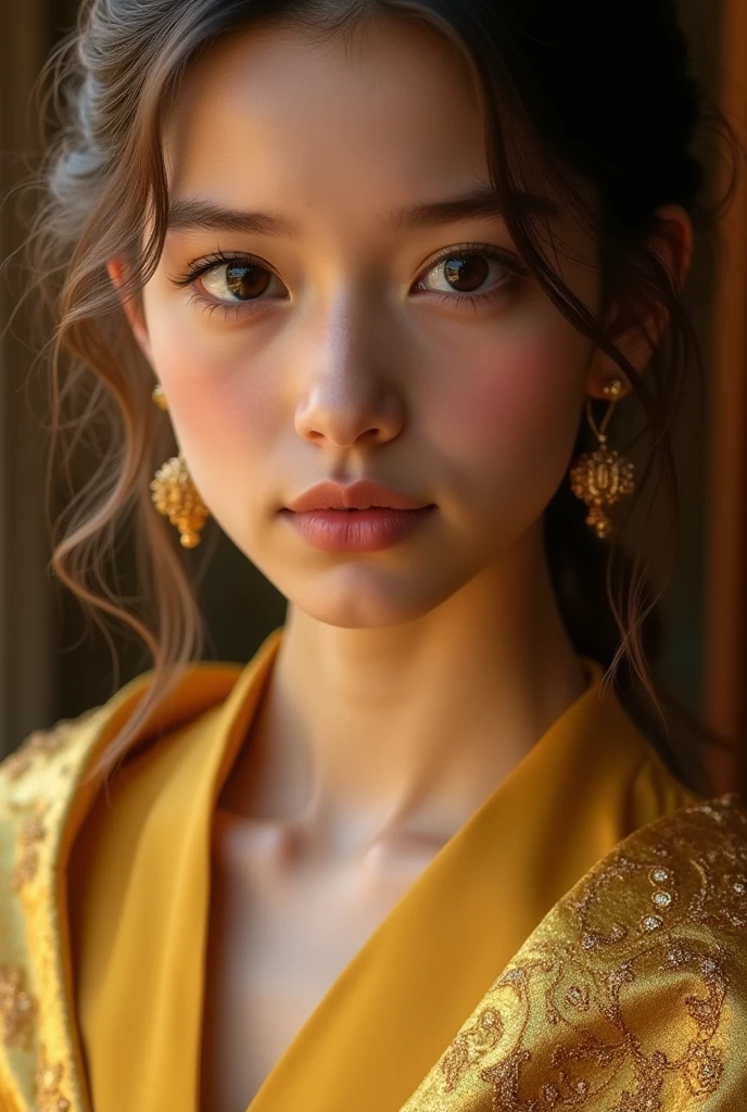 A girl's close up wearing a golden clothes full photo and age will be 17