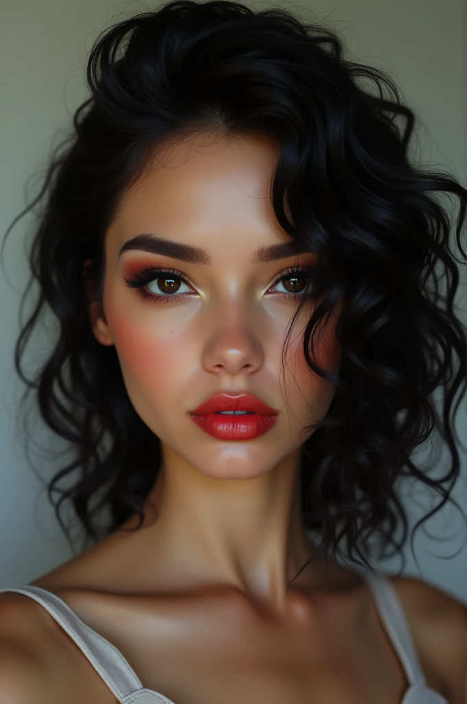 Light brunette woman, Bblack hair, medium length curly, eyes as dark as the night, slenderbody?, small and wide nose, full mouth and red lipstick