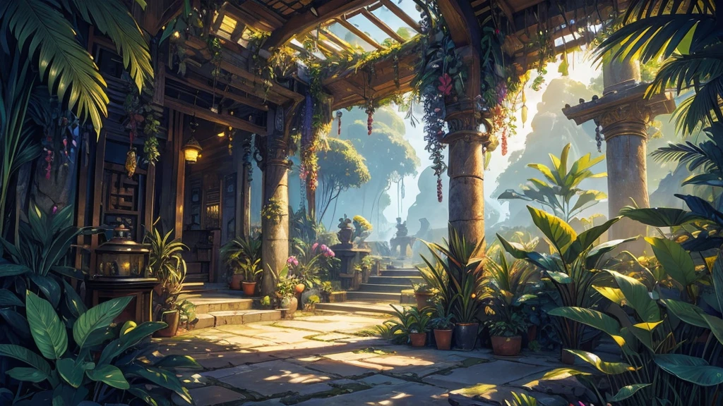 ((masterpiece)),((Highest quality)),((High Detail)), nobody, background, fantasy, Tropical fantasy deep jungle is a mysterious and fascinating world, A place where you can make new discoveries every day, And learn from ancient wisdom